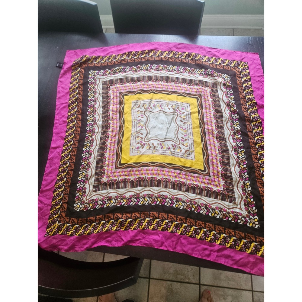 Aqua 100% Silk Square Scarf Pink Yellow Brown Geometric Floral Print Neckerchief